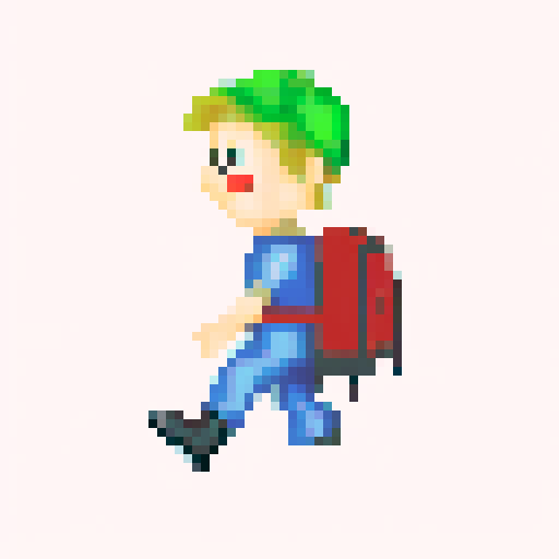 A single sprite of a young boy with a backpack on, pixel art, facing the camera, with a plain expression, on a plain background. His eyes are blue and his hair is brown. His backpack is red. He's wearing green hiking pants with brown shoes. 