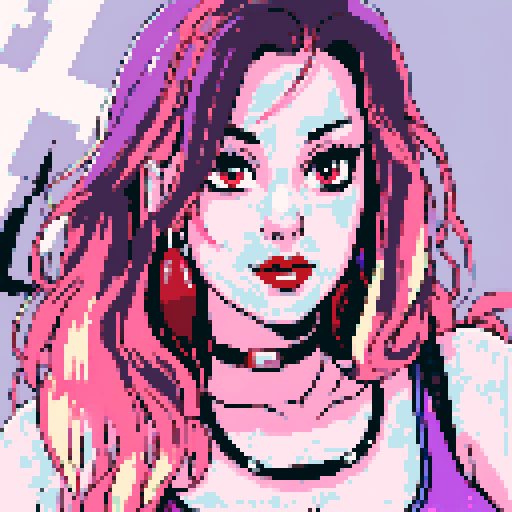 Thicc, busty greaser goth girl, long purple hair, eyeliner, red lipstick,  studded collar, up close face portrait, vibrant sega genesis palette, pixel art portrait,edgy aesthetic 