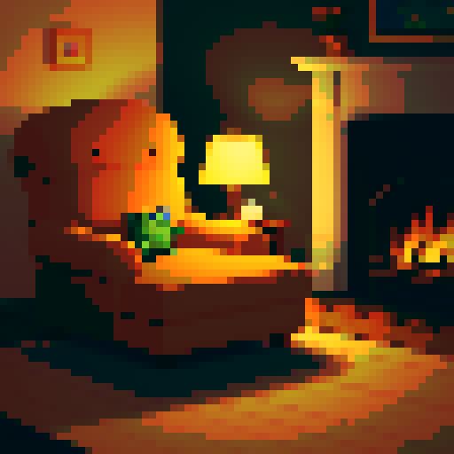 cozy, dimly lit room, small, jovial frog, plush couch chair, vast furniture, flickering flames, nearby fireplace, warm glow, soft golden light, comfort, relaxation, mug, tiny webbed fingers, steaming coffee, pure bliss, pixel art, sRGB