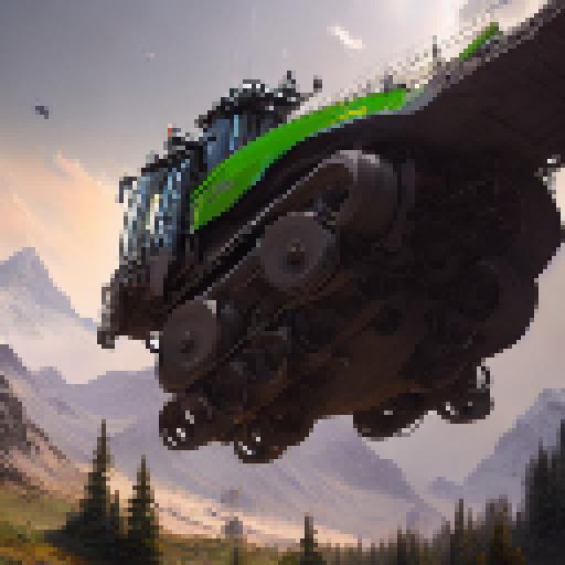 "Mountainous terrain, lush trees, and a broken-down John Deere forage harvester sets the scene for this Claas forage harvester to shine, with an art style that captures the rugged beauty of the landscape and the mechanical intricacies of the machines."