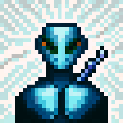 alien, two weapons, game icon, 32x32 pixel art, sRGB, skill art, close up, portrait, vibrant colors, futuristic design, glowing eyes, metallic armor, intense expression, dynamic posing, intricate details, alien technology, energy blasts