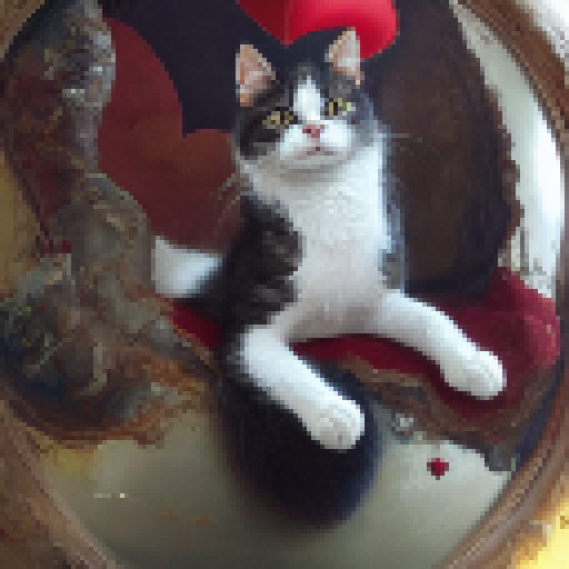 "Doe-eyed tuxedo cat perched on heart-shaped pillows, surrounded by floating love letters, framed by a bright red heart border with 'SHADOW' on the bottom, all in a Fantasy RPG style."