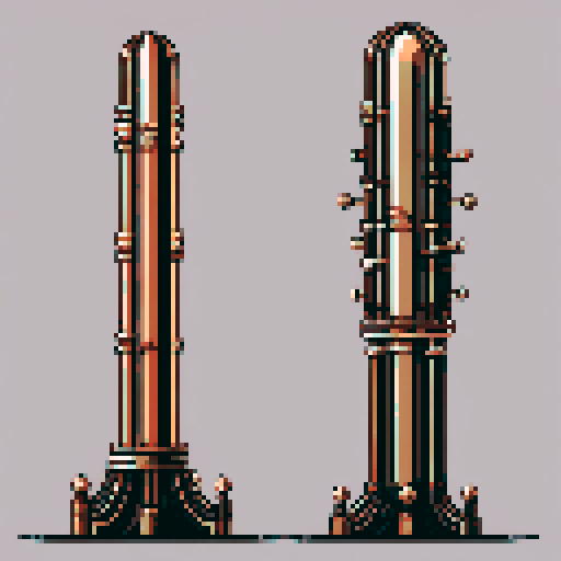 I want a tall vertical copper structure reminiscent of a organ pipe. It should have strange mechanical details that could interlock with each other. I also want this object usable an asset in a videogame, meaning only one object per image, outlined with a strong black stroke, on a solid-color background.