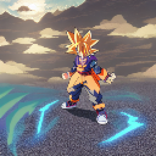 "Fiery Goku charges his Kamehameha, engulfed in crackling energy amidst a post-apocalyptic red and orange sunset wasteland in classic anime style."