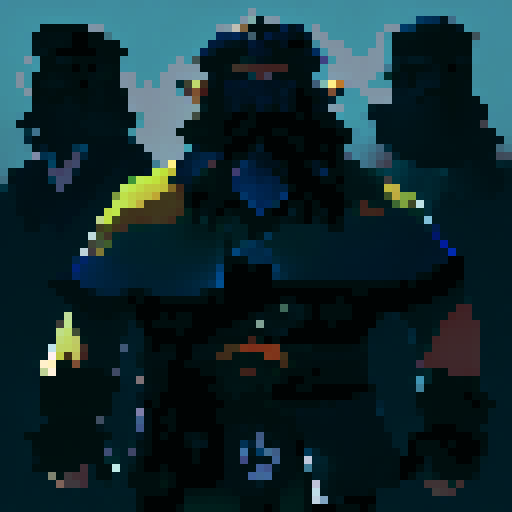 three men, king and his retinue, crown, light at the kind, dark place, king with sword, cant see eyes, eyes darken