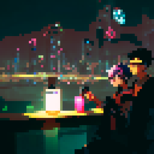 Engineer woman and her lover, deeply in love, surrounded by futuristic machinery and neon lights, captured in a romantic anime style.