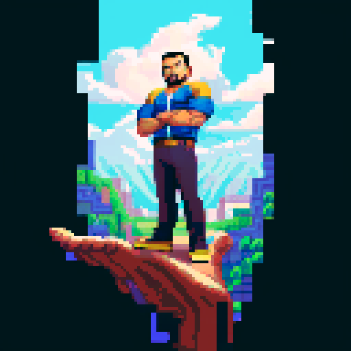 Hispanic man, heroic pose, confident expression, full body, pixel art, sRGB, solid color background, anime