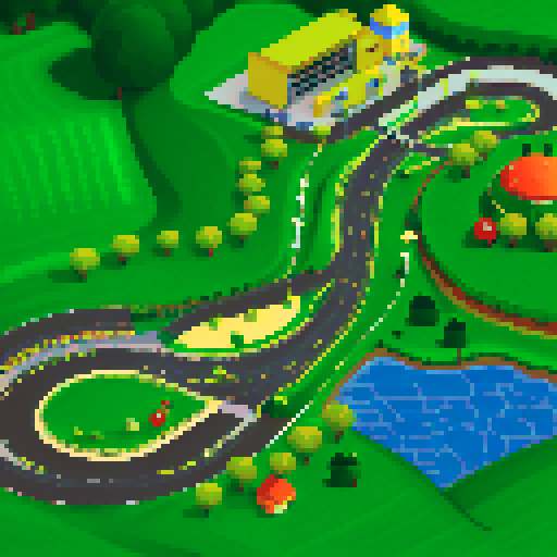 Racetrack circuit, hills with eyes, green, happy