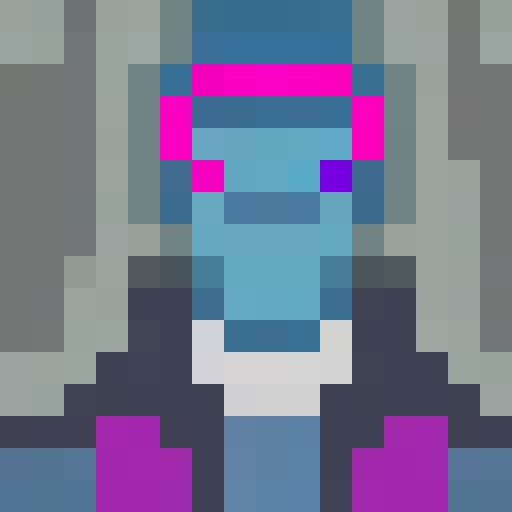 "Create a whimsical, pixelated anime portrait featuring a kawaii, wide-eyed girl with bubblegum pink hair, wearing a pastel blue sailor uniform and holding a giant lollipop."