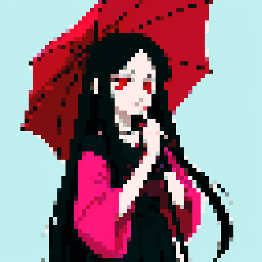 vampire girl with long black hair, pink eyes, dark red dress, umbrella, anime style