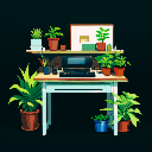 Minimalist office desk with a vintage typewriter, a cup of coffee, and a potted plant, all rendered in soft, muted colors against a sleek, black background in a pixel art lofi style