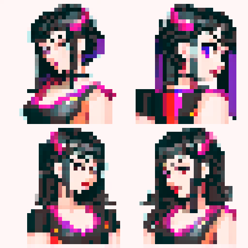 curvy, cute goth girl with black hair, purple eyeshadow, and red lipstick,  glamour shot, rendered in pixel art with vibrant sRGB colors