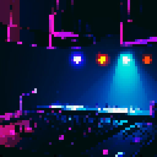 dj booth, crowded foreground, platform along bottom, dark dramatic lighting, club lighting, sRGB, pixel art, background landscape