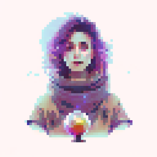 Young bohemian witch with eclectic fashion, staring into a crystal ball, point of view from the person receiving the fortune, adorned with floating candles and magical herbs and beautiful background.