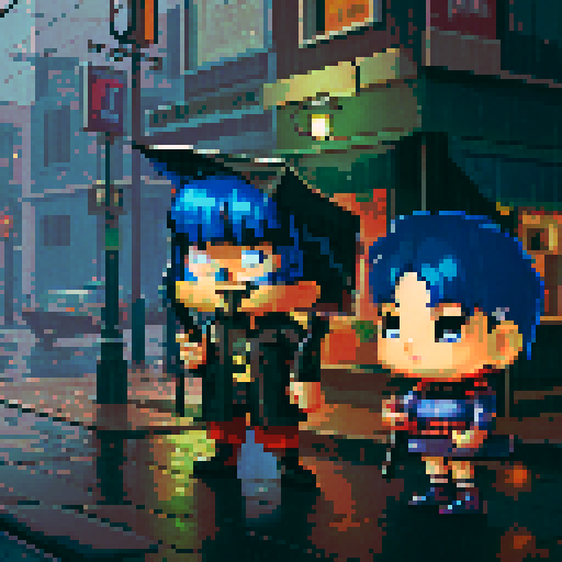 blue haired 90s pop girl on the right is smoking a cigarette, and the man on the left with black hair is holding a gun, night time rainy oldtime villag, grim