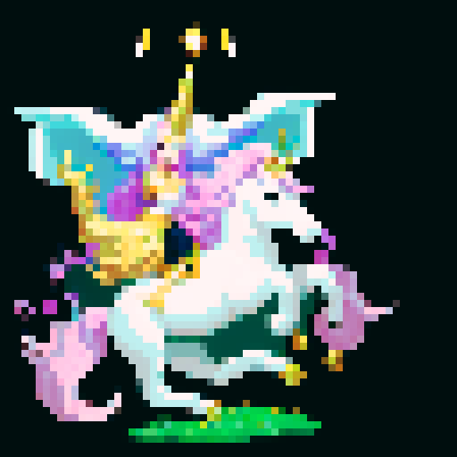 unicorn woman hybrid with cloven hooves, ethereal mane flowing, delicate golden horn, playful expression, bathed in the moons glow in a forest, clear detail, full body, pixel art style, sRGB format