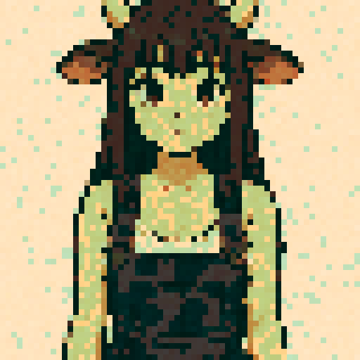 neutral anime cow girl, black long straight hair, front bangs, cream cow horns, brown cow ears with pink inside, large brown eyes, soft sparkle in eyes, neutral expression, calm face, small closed mouth, relaxed eyebrows, cow-themed outfit, cow print overalls (dark denim with black splotches), cream low-cut tank top underneath, visible cleavage, arms straight down at sides, soft posture, centered composition, standing idle, no movement, soft shading, clean outline, retro 