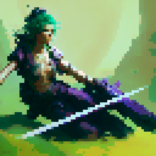 female warrior, with vibrant green hair, wielding a futuristic high tech weapon