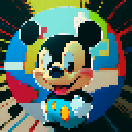 pixel portrait, Mickey Mouse, no background, vibrant colors, playful expression, large round ears, button-like eyes, smiling face, retro vibe, pixelated details, sRGB color space