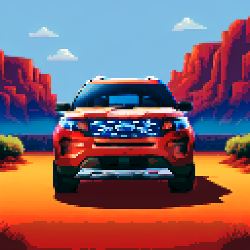 Photorealistic, centered Ford Explorer in a three quarter view, right wheel in front, clean background, pixel art style with sRGB colors