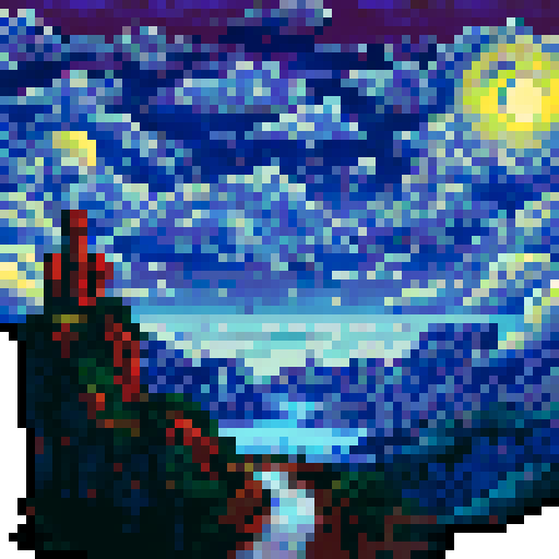 Swirling, vibrant hues blend harmoniously in an sRGB pixel art, background, landscape, depicting a mesmerizing sky