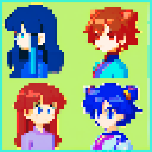 Design a pixel art anime avatar, showcasing the iconic anime style with large expressive eyes, elaborately styled hair, and vibrant colors. The character should be in a classic anime pose, exuding personality and emotion typical of anime characters, like excitement, determination, or serenity. Focus on creating a highly pixelated aesthetic, reminiscent of 16-bit video game graphics, where each pixel is clearly visible and contributes to the overall form and expression of the avatar. The color pa