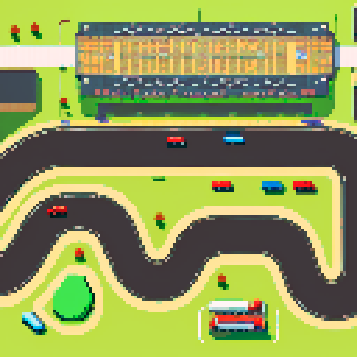 map of the race track, top view, road, grass, grandstands, small cars