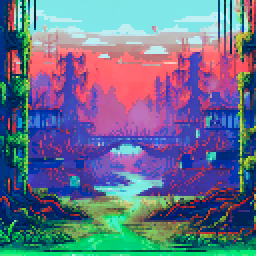 post-apocalyptic factory, hidden in the woods, abandoned machinery, rusted pipes, overgrown vines, decaying buildings, shattered windows, eerie silence, nature reclaiming, vibrant pixelated colors, sRGB palette, atmospheric landscape, yellowish/ green toxicated air
