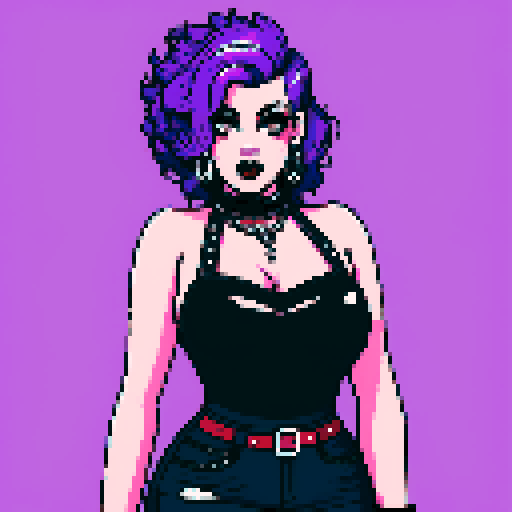 Plus size curvy, cute, busty greaser goth girl, with purple hair, black eyeshadow, red lipstick. Large breasts, large chest, voluptuous wearing halter top and studded collar. Posing for sexy photo. whole head portrait, avatar photo. vibrant sRGB colors, pixel art, edgy aesthetic