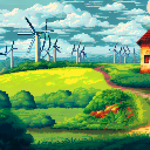 Heroes facing the sunset standing in a flourishing fields with lush greenery wind turbines and solar panels