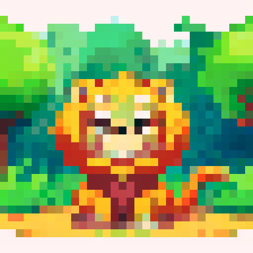 cute golden lion tamarin, lush green foliage, dappled sunlight, vibrant orange fur, expressive round eyes, playful stance, detailed pixelated textures, vibrant color palette, forest floor, tall trees, soft shadows