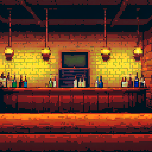 noir 24-bit pixel art game about a bar. Noir bar, there is a bartender, a wall with bottles, like game from 90's, style of cave story