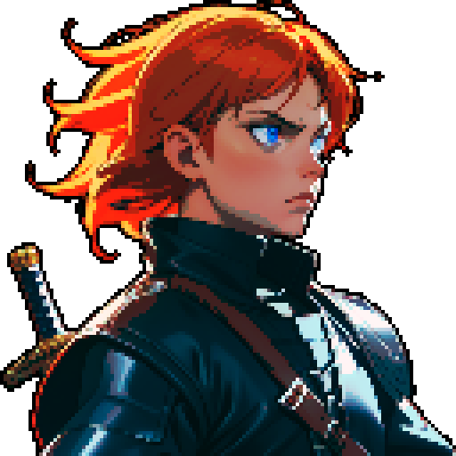 a male character with orange hair, blue eyes , job class warrior, wearing leather armer and holding sword , idlestate, facing front