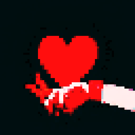 bloody hand grasping a pixelated heart, splattered red against a dark background, showcasing the gory details in vibrant sRGB colors