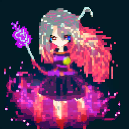  Mage anime girl with flowing hair, fluorescent tattoos, and a glowing staff,  floating in her evil lair