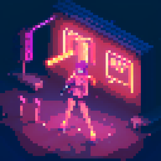Street Mage anime girl with flowing hair, fluorescent tattoos, and a pixelated sniper rifle, navigating through a purple neon-lit night market and an sRGB glow