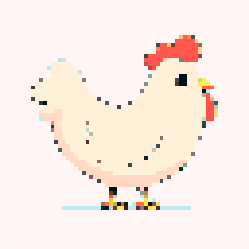 sideview of a sad chicken with pixel art style, small beady eyes, drooping wings, vibrant yellow feathers, and an expression of sorrow