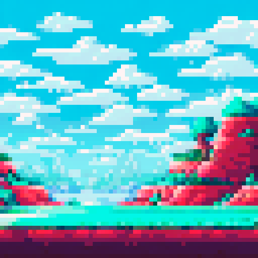 Clouds floating across a transparent sky, creating a parallax scrolling effect in a pixel art landscape with a vibrant sRGB color palette