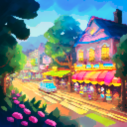 wide shot amusement park, vibrant colors, bustling crowds, whimsical carousel, towering roller coaster, neon signs, ferris wheel in motion, candy-colored stalls, swirling cotton candy, children with balloons, animated characters, pixelated fireworks illuminating the night sky, pixel art style
