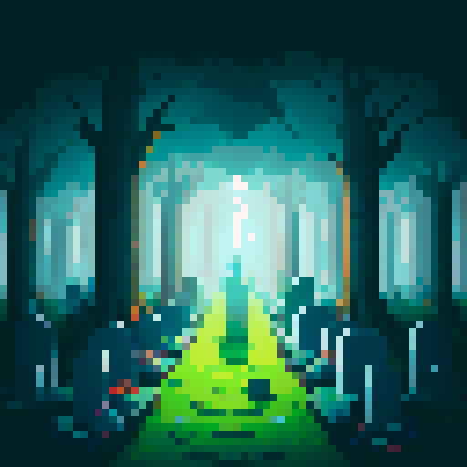 a forest with a low layer of fog on the ground with tombstones around and a ghost in the middle. This is all from a top down view.
