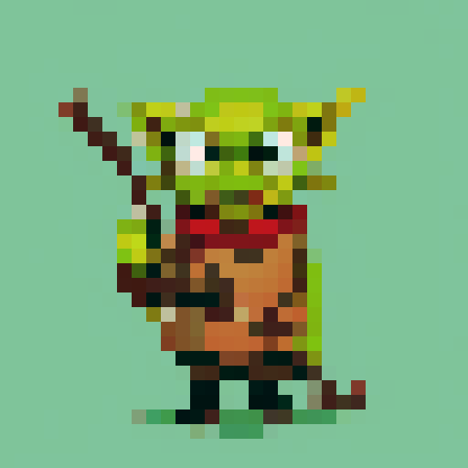 A small, green-skinned humanoid creature with pointy ears, sharp teeth, and a crude wooden club. It wears ragged clothes and has a mischievous expression on its face. The goblin has a lean, wiry build, with patches of dirt and scars covering its skin, indicating a rough and wild lifestyle. Its eyes are large and glowing with a cunning glint. No background.
