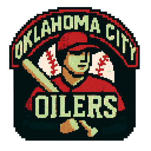 Pixel art of a fictional baseball team called the Oklahoma City Oilers. red, black and white, sharp outlines, and soft pixel shading. The logo design mimics 80s MLB logos. Use a vibrant Sega Genesis 16-bit style with selective dithering, geometric forms, and nostalgic retro charm. Avoid modern gradients—keep it pure pixel art.