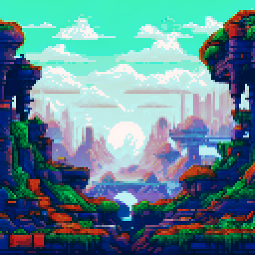 Futuristic post-apocalyptic level design with ancient ruins and advanced tech. Decayed metallic structures, broken machinery, overgrown plants, and glowing neon accents in Cyan (#00FFFF) and Purple (#8A2BE2). Dark gray and rusted metal textures dominate the environment. Use vibrant electric colors for technology remnants. Shadows and lighting create contrast for depth. Include broken walls, pipes, and floating platforms, with hints of distant, destroyed cities or landscapes in the background