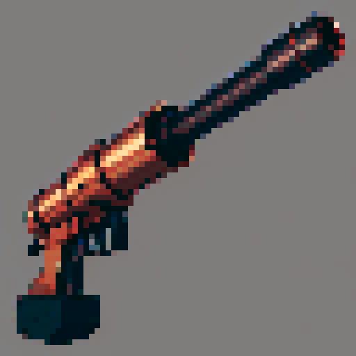 I want a copper minigun viewed from from the side. I want this object usable an asset in a videogame, meaning only one object per image, outlined with a strong black stroke, on a solid-color background.