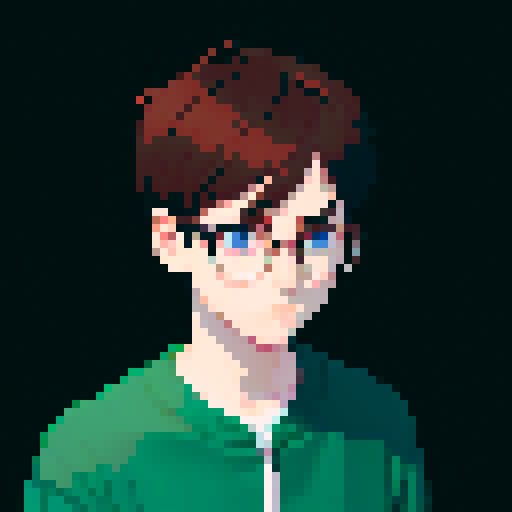 portrait, sprite art, young man, sad, narrow eyes, nerd, muted colors, depressed, city dweller