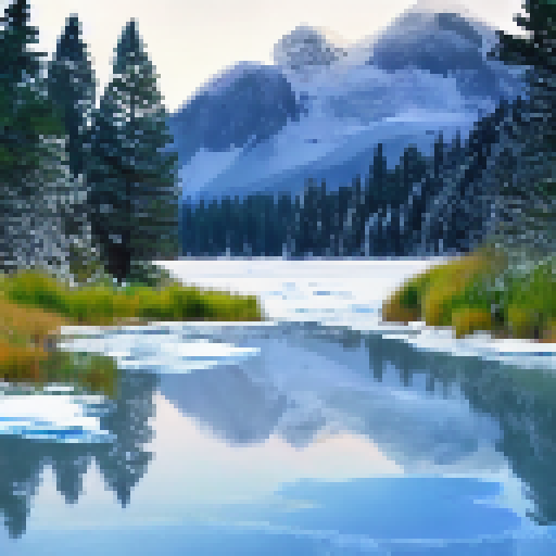 Frozen lakeside in Bob Ross style, towering snow-capped mountains in the background, pine trees with snow-laden branches, and a cozy cabin by the water's edge.