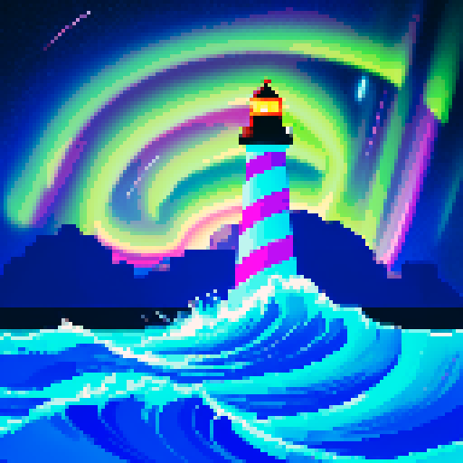 lighthouse, sea, aurora, vibrant colors, pixelated waves, glowing beams, twinkling stars, retro video game aesthetic, sRGB