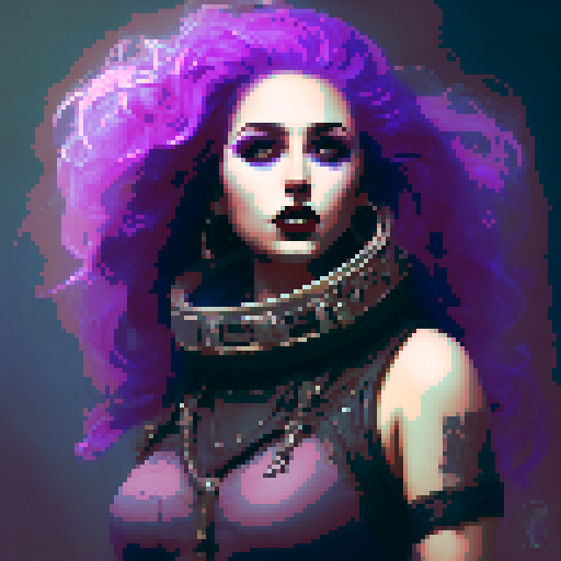 Plus size busty goth girl, with long purple hair, eyeliner, red lipstick. wearing a halter top and spiked collar. Posing for a up close face portrait. vibrant sRGB colors, pixel art, edgy aesthetic