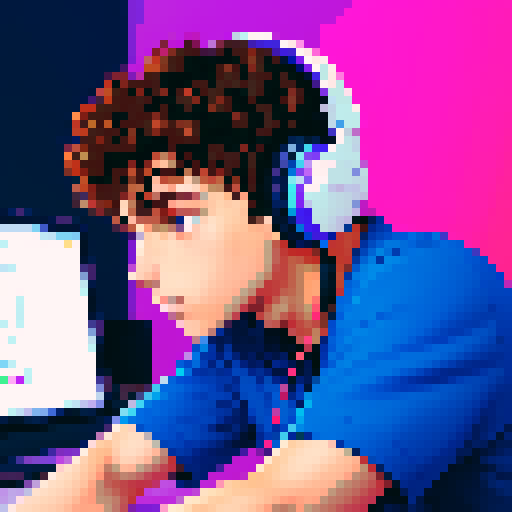 Close-up of a brunette curly boy developer with headphones, coding on screen, vibrant sRGB pixel art