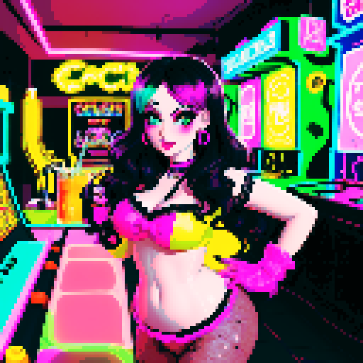 Curvy cute goth girl bartender, vibrant neon hair, dark smoky eyes, black lace choker, fishnet stockings, pouring colorful cocktails, retro arcade game machines, glowing pixel art characters, vibrant sRGB colors